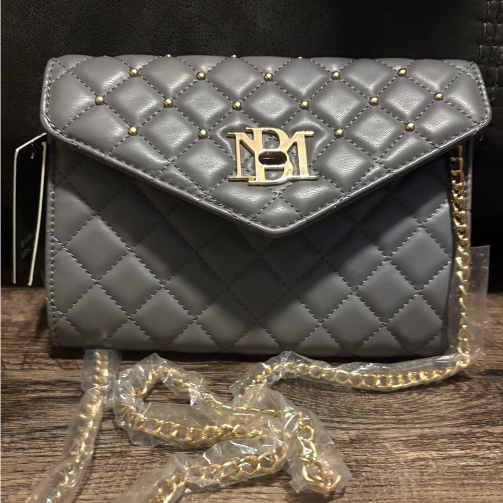 Badgley Mischka Quilted Gray Crossbody with Gold Chain